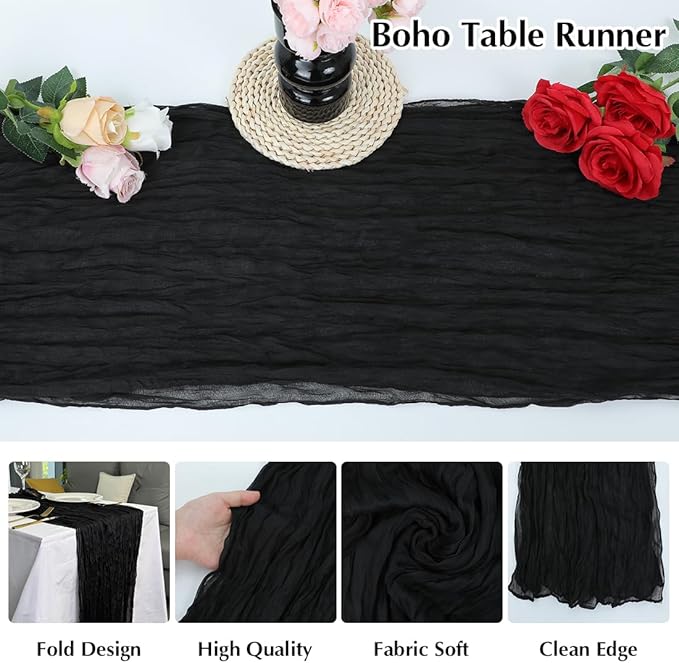 10 Pack Black Cheesecloth Table Runner -21*120Inch Long Boho Wedding Table Decor, Rustic Gauze Fabric Runner for Bridal Showers, Baby Showers & Parties (Sheer, Lightweight, Wrinkled Design)