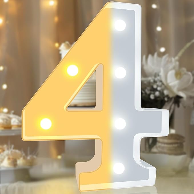 Pooqla LED Light Up Numbers, Warm White and Cool White Decorative Lighted Marquee Numbers, Light Up Numbers for Boys Girls Party, Wedding, Bar, Night Light, Room Decor, Birthday Decoration, Number 4