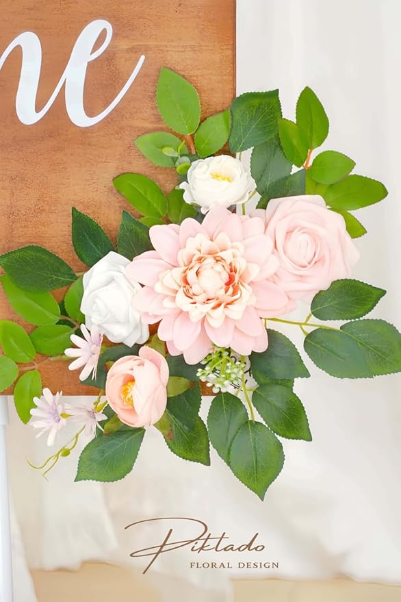 Wedding Decor (Pack of 2) Welcome Sign Flower Backdrop Garland for Ceremony Reception Wall Easel Home Decoration Entryway Faux Outdoor Board Head Table Decor (Blush)