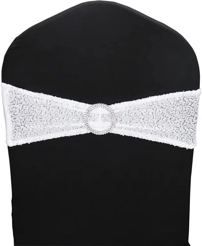 25 Pcs Sequin Chair Sashes Stretch Chair Bands Spandex Polyester Bows for Party Hotel Wedding Banquets Decoration - White
