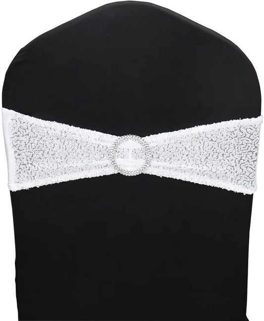 25 Pcs Sequin Chair Sashes Stretch Chair Bands Spandex Polyester Bows for Party Hotel Wedding Banquets Decoration - White