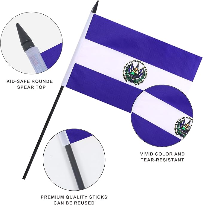 El Salvador Desk Flag 12" Solid Pole Deluxe Set Salvador Flags Banner Mini Small El Salvador Office Table Flags with Black Stand Base Desktop Decorations(2Pack)