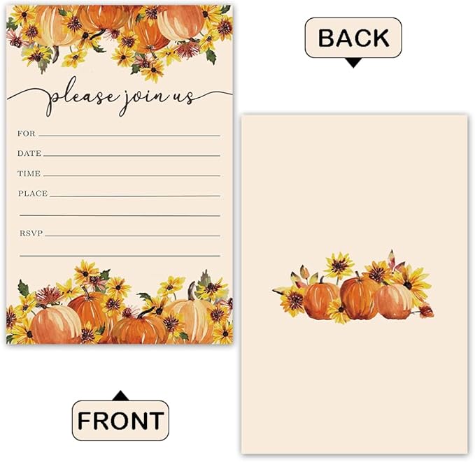 REWIDPARTY Thanksgiving Party Invitation Cards with Envelopes（Set of 15） Food Feast Invites for Family Friends Fall Invitations with Pumpkin and Florals Birthday Bridal Party Fill-in Invitation cards