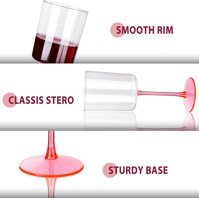 Ciaell 12 Pack 10 Oz Clear Plastic Wine Glasses with Pink Stem - Disposable Cocktail Goblets Perfect for Parties & Weddings & Poolside & Outdoors & Camping & Party