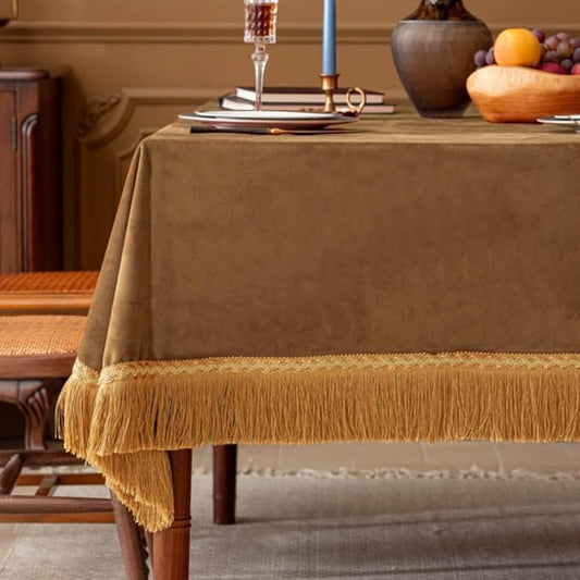 F-CHU Luxury Camel Tablecloth Thickset Velvet Tablecloth with Beautiful Gold Tassels Vintage Table Cloth for Home Decor Wedding, Party, Banquet and Events 67x120-Inch