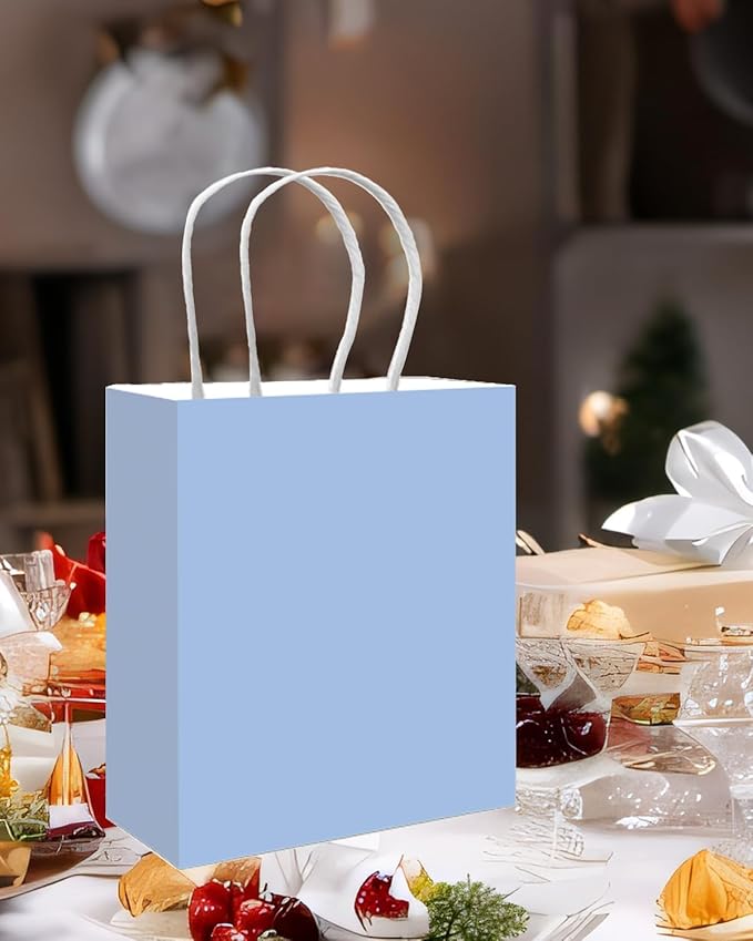 qiqee 100PCS Gift Bag with Handles Bulk Light Blue Paper Bags Multiple Uses (13''x5 x10 inch Large Size)