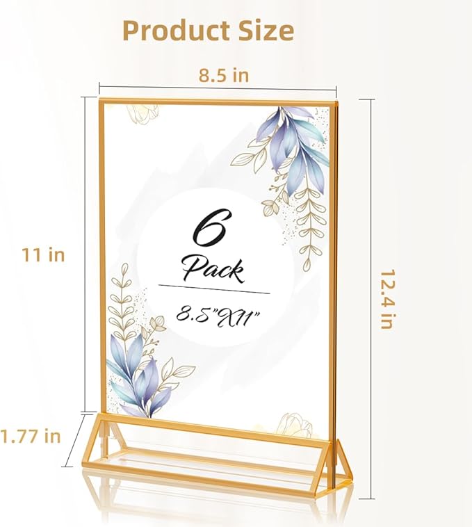 Acrylic Sign Holder 8.5X11 Gold Picture Frame Double Sided Acrylic Frame Plastic Sign Holder Display Stand for Wedding Table Numbers Menu Holder (6 Pack)