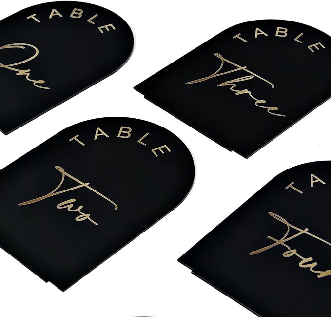 Black Arch Wedding Table Numbers 1-20 with Stands, 5x7 Inch Black Arch Acrylic Sign with Gold Letters, Acrylic Table Numbers for Wedding Reception