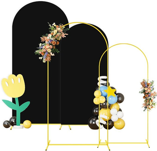 Wedding Arch Backdrop Stand and Cover Set of 2 6FT 7.2FT Black Spandex Fitted Stretchy Arch Stand Covers for Gold Metal Stand Round Top Chiara Backdrop Cover for Birthday Party Decorations