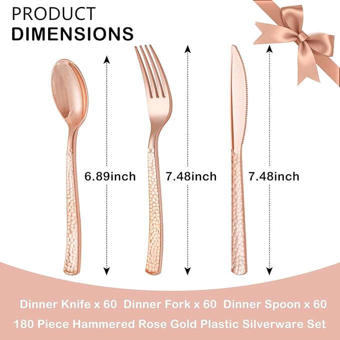 Supernal 180pcs Rose Gold Plastic Silverware Heavy Duty Plastic Forks and Spoons, Rose Gold Disposable Silverware Sets Include 60 Forks, 60 Knives and 60 Spoons Suitable for Wedding, Party, Birthday