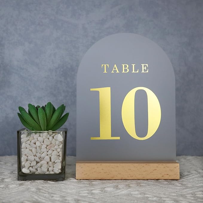 Wedding Table Numbers 1-10, Acrylic Arch Signs with Natural Wood Stands Holders, Rustic Table Decor for Reception & Parties (Frosted Gold)