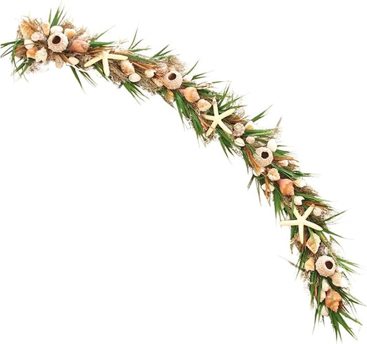 HOLIDAY TREE 5' Shell Arrangement Green Garland - Natural Shells, Green Faux Grass, Resin Starfish, Summer Coastal Decor for Mantel or Home | Premium Coastal Garlands for Decoration.