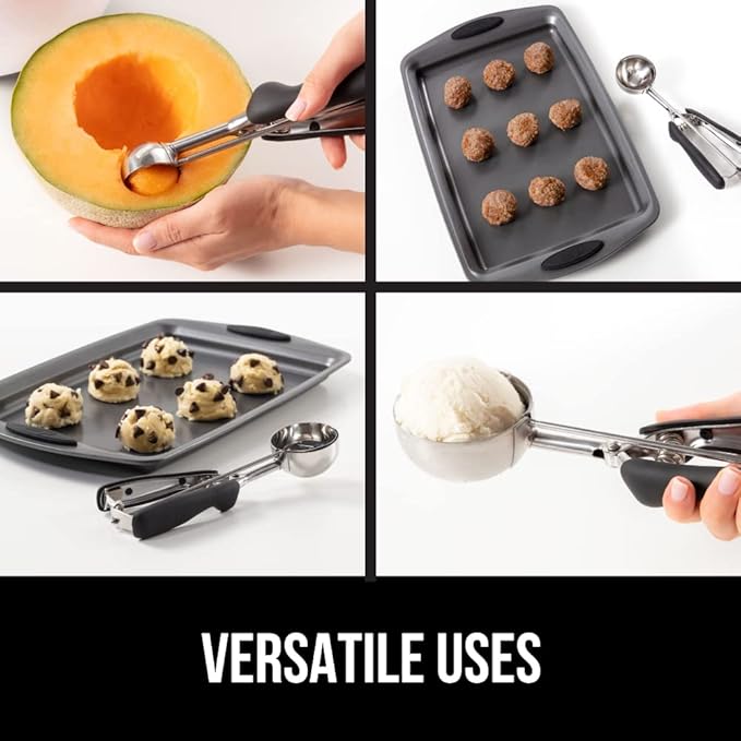 GORILLA GRIP Stainless Steel Cookie Scoop for Baking, 2 TSP, Multipurpose Melon Baller, Meatball Spring Scoops, Perfect Portion Sizes, Easy Food Release, Scooper Size 100, BPA-Free Kitchen Tool, Black