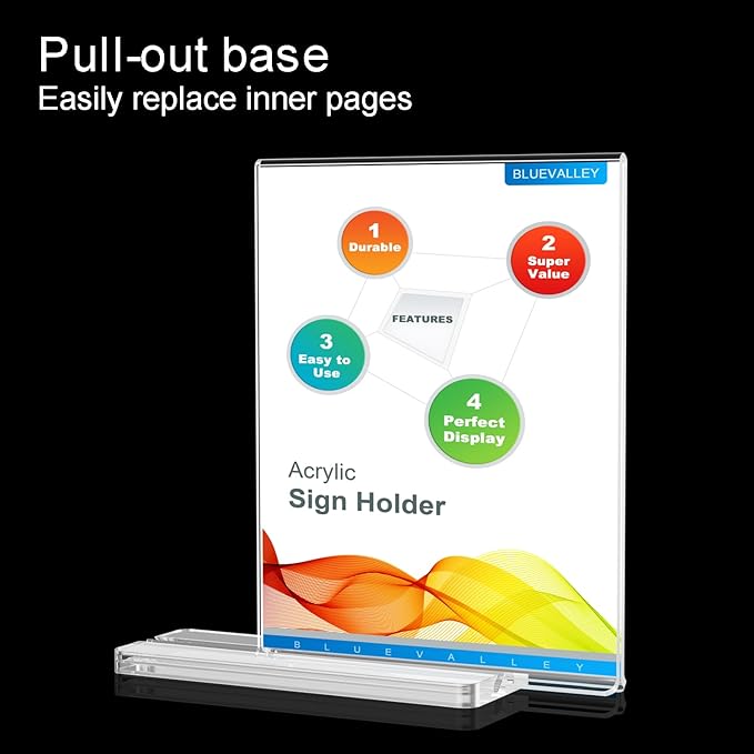 BlueValley Acrylic Sign Holder 7x5 - Double Sided Sign Stand Clear Paper Display Holder for Menu, Flyer, Document or Picture | Desktop Plastic Frame for Office, Store, Restaurant, Show Fair - 6 Pack