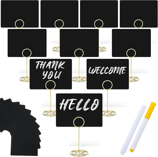TecUnite 12 Pcs Mini Chalkboard Signs, 4"x3" Small Chalkboard Label with Metal Stand 2 Water Based Chalk for Food Buffet Tabletop Blackboard Sign for Party Bakery(Gold,3.4 x 1.6 in)