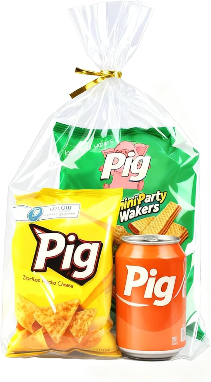 PigPotParty 12"x 16", 50Pcs Bottom Gusset Bags, Clear Plastic Cellophane Gift Mug Treat Goodie Bags with 50x Twist Ties, Large Party Favor Packaging, Toy Wrapping (No Side Gusset)