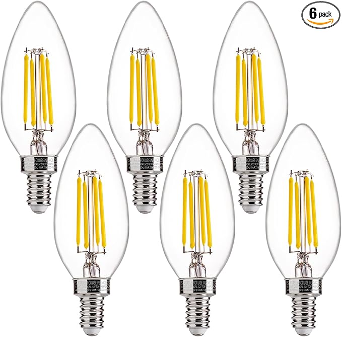 FLSNT 5000K Daylight B10 Dimmable 4W LED E12 Candelabra Bulbs, 40W Equivalent LED Chandelier Candle Bulbs, Clear Glass Finishing, 6 Pack UL,CA65 Listed.