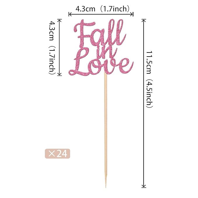 24 PCS Fall in Love Cupcake Toppers Glitter Fall Theme Party Cupcake Picks Bridal Shower Cupcake Decorations for Autumn Wedding Engagement Anniversary Birthday Party Cake Decorations Supplies Pink