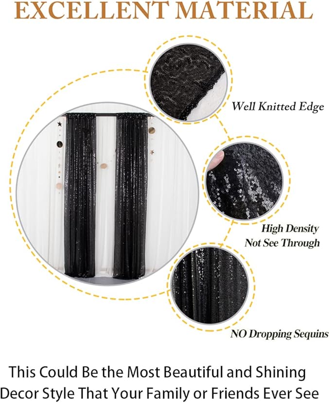 ShinyBeauty Sequin Curtains 2 Panels Black 2FTx8FT Sequin Photo Backdrop Black Sequin Backdrop Curtain Pack of 2-1011E