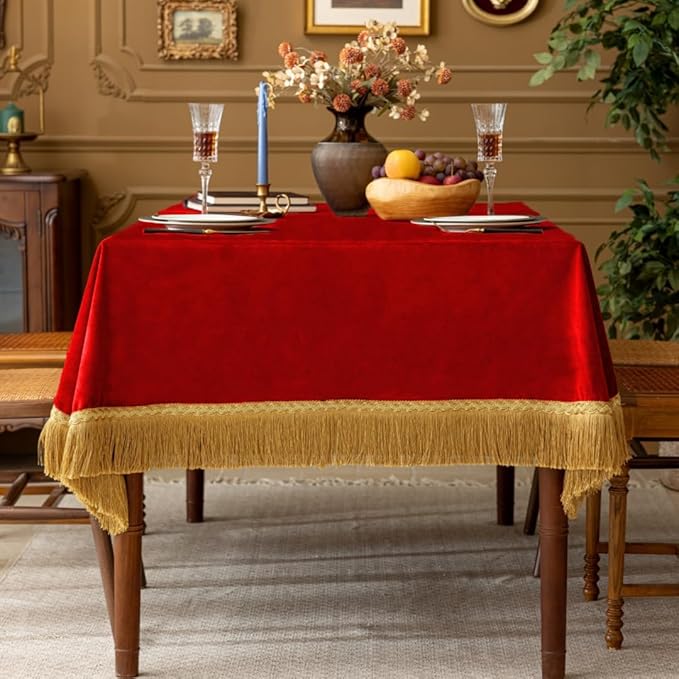 F-CHU Red Tablecloth Thickset Velvet Tablecloth with Beautiful Gold Tassels Vintage Table Cloth for Home Decor Wedding, Party, Banquet and Events 67x120-Inch