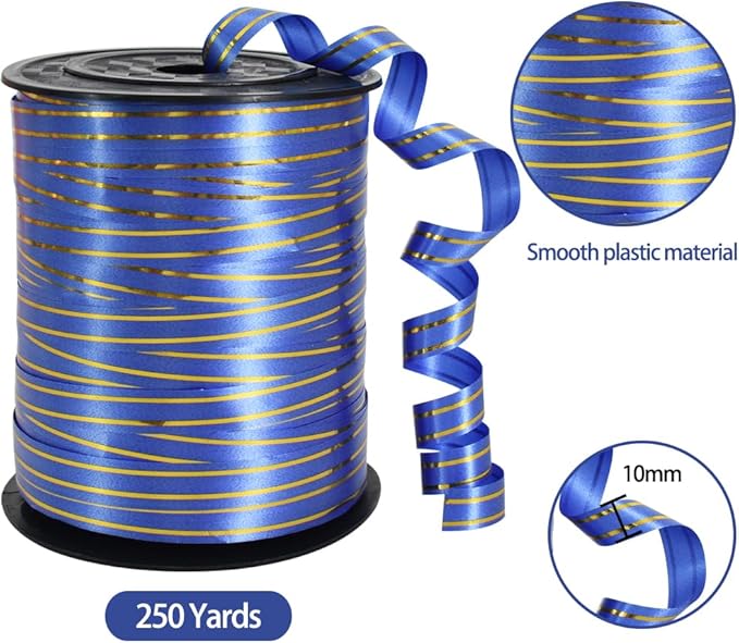 TONIFUL Curling Ribbon-Blue Gold Balloon Curling Ribbons-250 Yards Balloon String for DIY Decor,Gift Wrapping,Ribbons and Bows for Christmas New Year Birthday Gifts Graduation Supplies