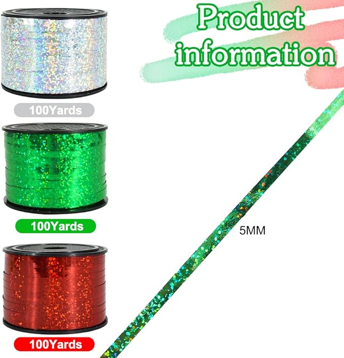 BEISHIDA 3 Pack Christmas Curling Ribbons Red Green Silver Balloons String Ribbons for Gift Wrapping Party Decorations（Total 300 Yards）