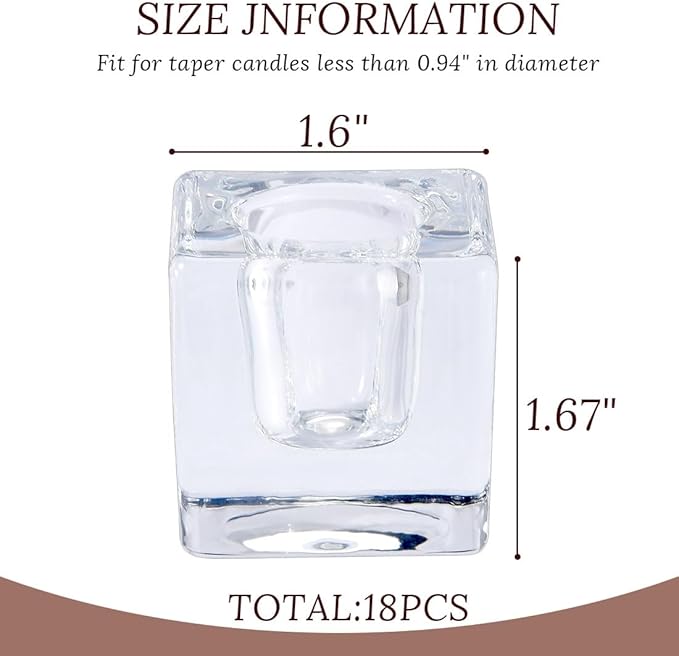 Glass Candlestick Holders Bulk for Taper Candles, Set of 18 Clear Glass Candle Holders for Family Party, Church and Wedding