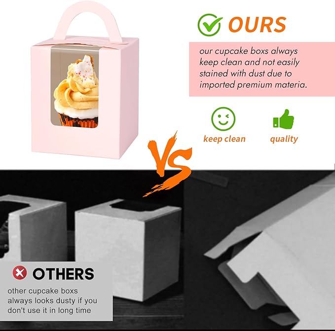 JCD Cupcake Boxes Carriers, 120pcs Pink Single Individual Cupcakes Box Holders Containers,3.7 * 3.7 * 4.3inch Cupcake Container Pastry with Insert Window & Handle for Parties (Pink/120Pcs)