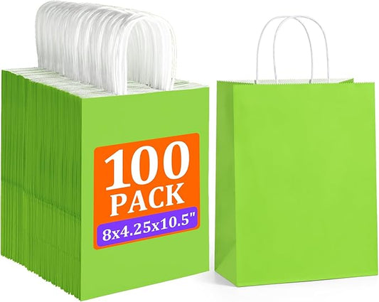 BagDream 8x4.25x10.5 Inch 100Pcs Green Gift Bags Medium, Kraft Paper Bags with Handles Bulk for Welcome Party Favors, Baby Shower, Goody, Treat, Retail, Grocery Paper Sacks