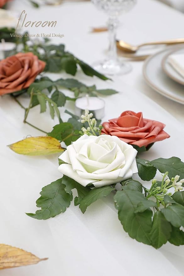 Floroom Artificial Flowers 50pcs Real Looking Ivory Foam Fake Roses with Stems for DIY Wedding Bouquets White Baby Shower Centerpieces Floral Arrangements Party Tables Home Decorations