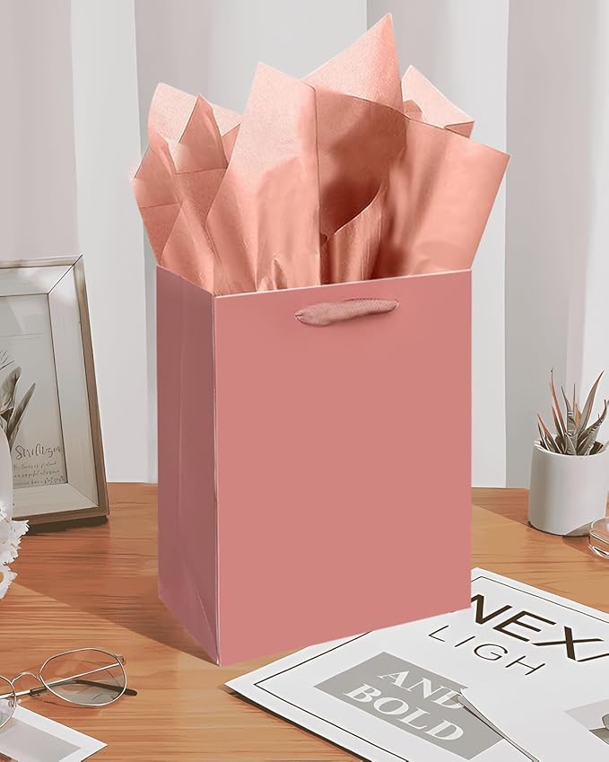 Gcardist Cinnamon Pink Gift Bags with Tissue Paper for Wedding, Birthday, Party Supplies - Medium Size Cardboard Gift Bags (16pcs + 32pcs Tissue Paper)