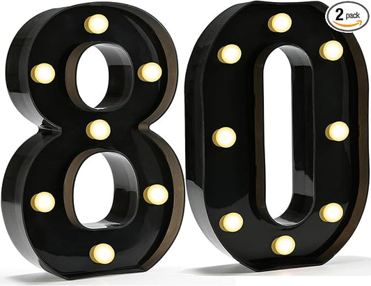 Pooqla Decorative Led Light Up Number Letters, Black Plastic Marquee Number Lights Sign for 80th Birthday Party Wedding Decor Battery Operated Black Decoration 80