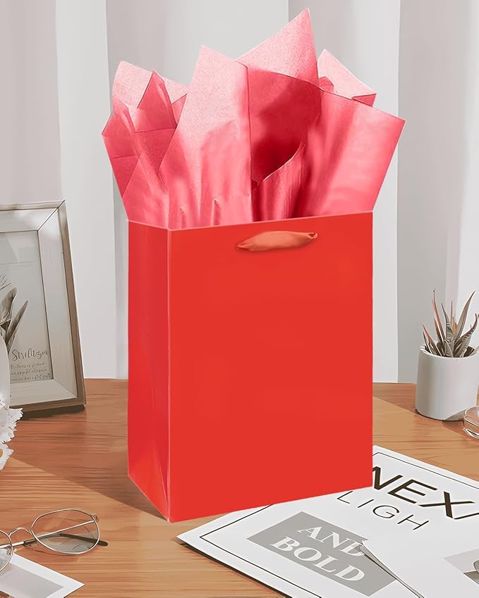 Gcardist Red Gift Bags with Tissue Paper for Wedding, Birthday, Party Supplies-7.9"x4.3"x9.6" Medium Size Cardboard Gift Bags（5pcs Bags +10pcs Tissue Paper ）