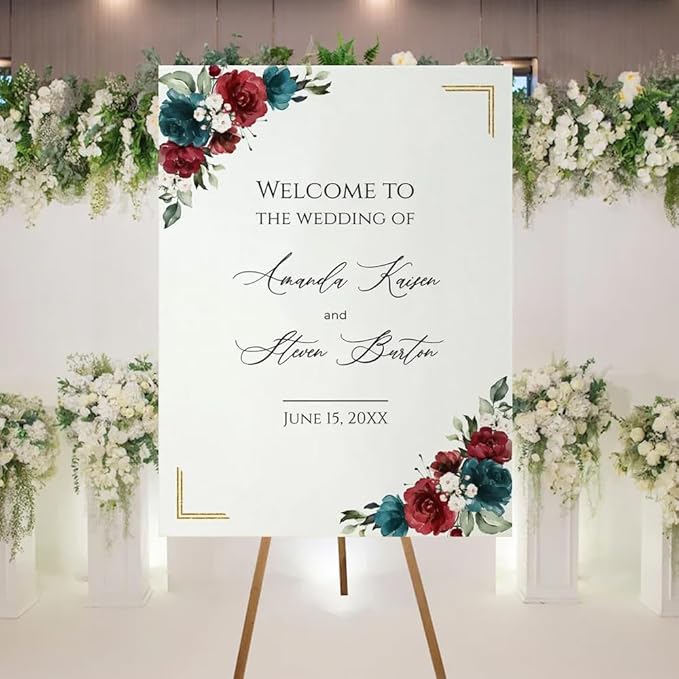 Welcome To Our Wedding Sign, Personalized Wedding Welcome Sign, Wedding Welcome Sign Wedding Reception Welcome Sign for Wedding Entrance, Burgundy and Dark Teal Wedding Welcome Sign
