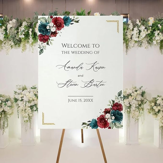Welcome To Our Wedding Sign, Personalized Wedding Welcome Sign, Wedding Welcome Sign Wedding Reception Welcome Sign for Wedding Entrance, Burgundy and Dark Teal Wedding Welcome Sign