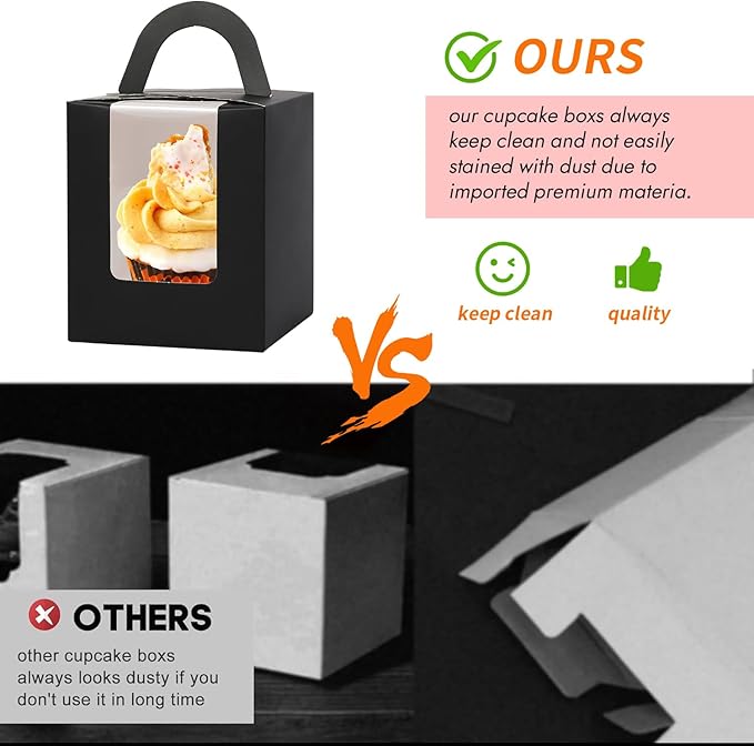 JCD Black Cupcake Boxes Individual 120 Packs Cupcake Holders Disposable Single Cupcake Boxes with Window and Insert Muffins Cupcake Carriers Holder Cookie, Dessert, Donuts, Cupcakes (Black/120Pcs)