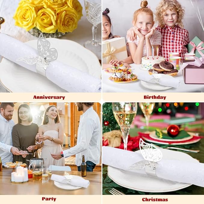 150 Pcs Napkin Rings Laser Cut Butterfly Shape Foil Paper Napkin Holder for Weddings Party Serviette Table Decoration Restaurant (Silver)