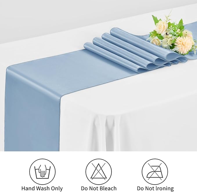 12 Pack Dusty Blue Satin Table Runner,12 x 108 inch Long Premium Smooth Table Runner for Wedding, Banquets, Birthday, Party, Graduation, Engagements,Table Runners fit Rectangle and Round Table