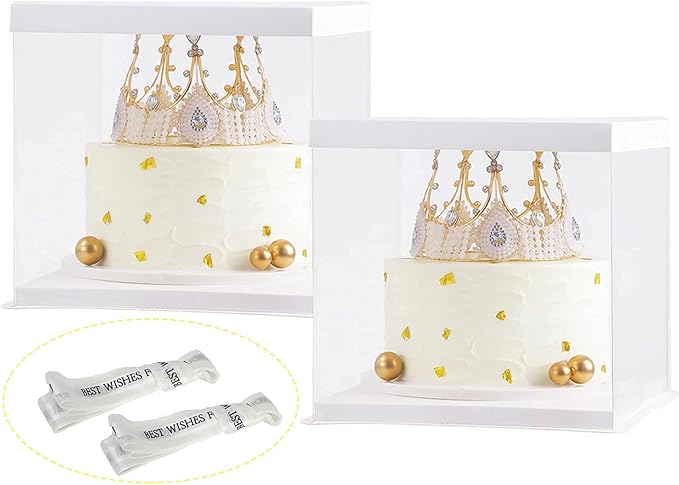 XININSUN 2Pcs Large Cake PET Clear Box, 10" X 10" X 9" with ribbon and pre-folded lid, for 8" cake packing carry, baking cookie display, Carry Tall Layer Gift, Festive Gift Box -White