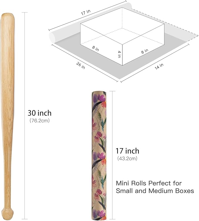 RUSPEPA Flower Wrapping Paper Roll, 17 in x 16.4 ft, Mini Roll, Tulips Watercolor Gift Wrap, Floral Kraft Wrapping Paper for Women, Girls, Spring, Summer, Wedding and Mother's Day