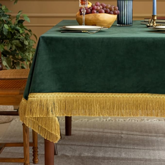F-CHU Luxury Green Tablecloth Thickset Velvet Tablecloth with Beautiful Gold Tassels Table Cloth for Home Decor Wedding, Party, Banquet and Events 60x70-Inch