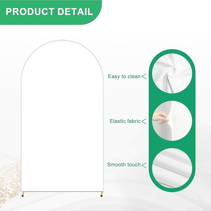 Metal Arch Backdrop Stand and Cover Set, 6FT White Reusable Spandex Fitted Backdrop Cover and Gold Wedding Arch Frame for Baby Shower, Birthday, Parties Decoration.