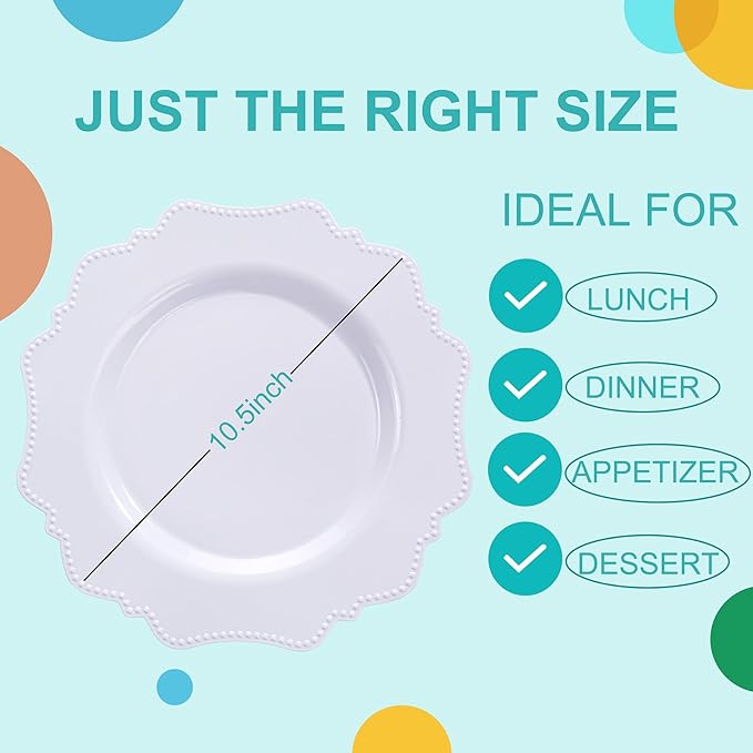 COLOSUS 100pcs 9.5 Inch-White Plastic Dinner Plates, Fancy White Plastic Plates,Heavy Duty Disposable Dinner Plates for Party Wedding and Everyday Use