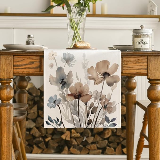 Artoid Mode Brown Poppy Floral Leaves Spring Table Runner, Seasonal Summer Kitchen Dining Table Decoration for Home Party Decor 13x36 Inch