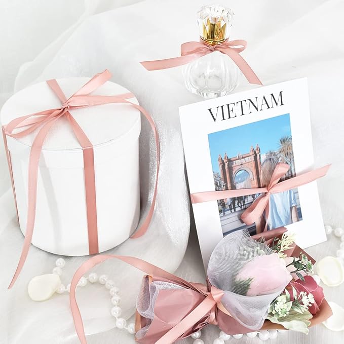 TONIFUL 3/8 in x 100yds Rose Gold Satin Ribbon Thin Solid Fabric Ribbons Roll for Gift Wrapping Invitation Floral Hair Balloons Craft Sewing Party Wedding Popsicles Decoration Valentine's Day Bouquet