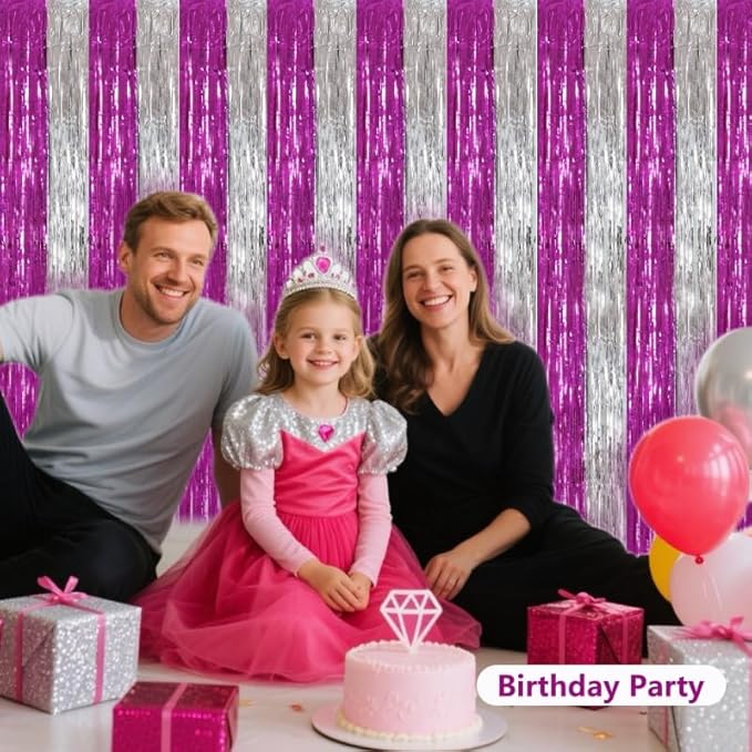 BEISHIDA Hot Pink Silver Door Streamers Backdrop Foil Fringe Tinsel Party Streamers Curtains Photo Backdrop - 2Pcs for Girl Birthday Valentines Graduation Bachelorette Party Decoations