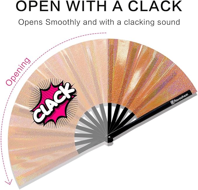 Large Rave Fan, Clack Folding Hand Fan with Premium Fabric, Thick Bamboo Frame for Men Women Gift for EDM, Festival, Club, Party, Dance, Decoration (Lridescent Orange, 13")