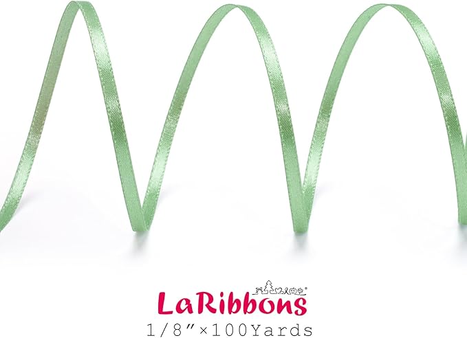 LaRibbons Sage Green Satin Ribbon 1/8 Inch 100 Yards Thin Luxury Double Faced Green Silk Ribbon for Flower Bouquet Crafts Gift Wrapping Wedding Decoration