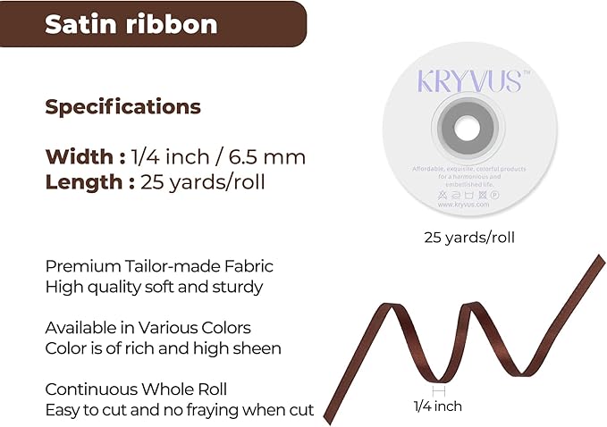 Dark Brown Satin Ribbon 1/4 inch X Continuous 25 Yards, Single Face Polyester Ribbon Perfect for Gift Wrapping, Flower Bouquet, Wedding Decor, Crafts, Bow Making, Sewing and More
