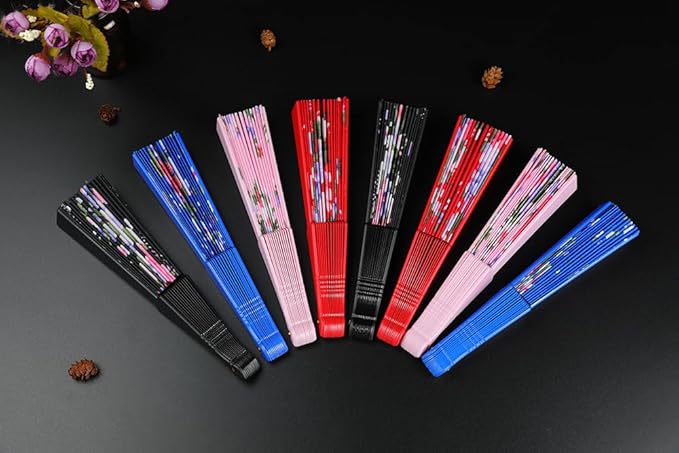 HUNANBANG 4 Pcs Oriental Flowers Japanese Folding Hand Fans Spanish Church Wedding Vintage Gift, Party Favors, DIY Decoration retro Gift Size 8 1/4" Wholesale (4pack)